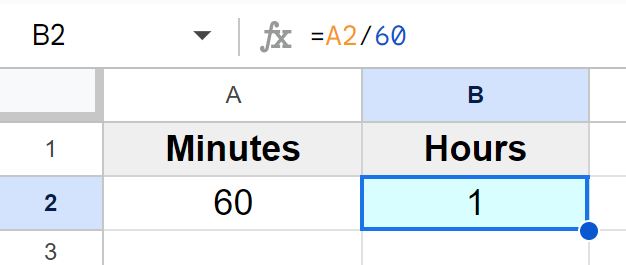 Example of Converting minutes to hours in Google Sheets