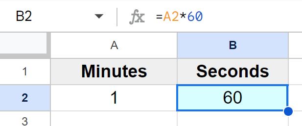 Example of Converting minutes to seconds in Google Sheets