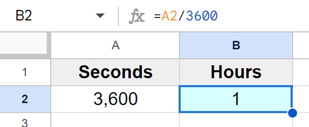 Example of Converting seconds to hours in Google Sheets