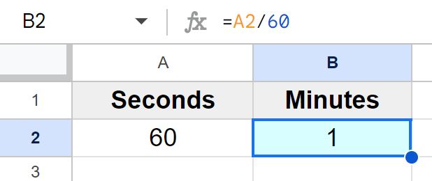 Example of Converting seconds to minutes in Google Sheets