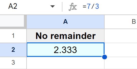 Example of Dividing normally with a remainder for comparison in Google Sheets