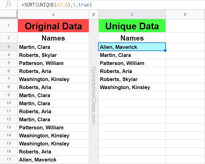 Example of Example of sorting a unique list of names in Google Sheets with the SORT function and the UNIQUE function