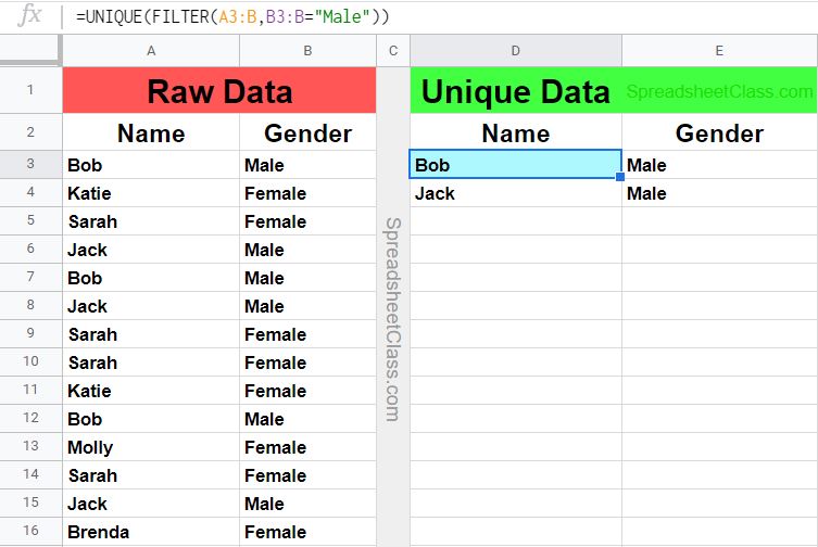 An example of using the UNIQUE function with the FILTER function to filter a unique list of names in Google Sheets