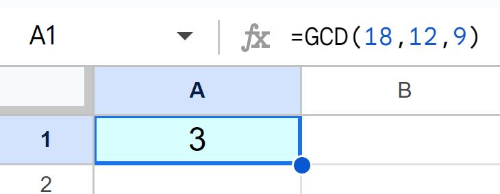 Example of Finding the greatest common divisor of more than two numbers in Google Sheets by using the GCD function
