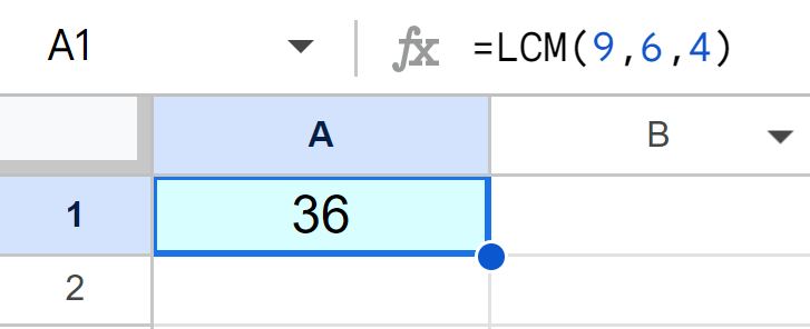 Example of Finding the least common multiple of more than two numbers in Google Sheets by using the LCM function