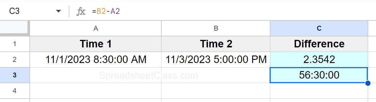 Example of How to calculate duration between date time in Google Sheets times on different days with number to duration example