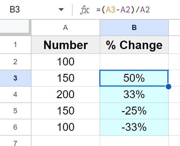 Example of How to calculate percentage increase from cell to cell and row to row in Google Sheets