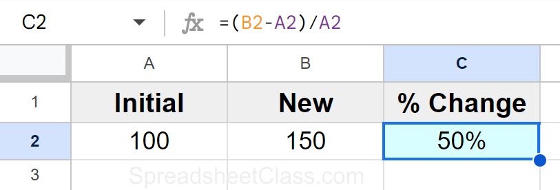 Example of How to calculate percentage increase in Google Sheets simple example