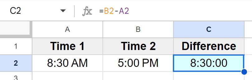 Example of How to calculate the duration between two times (time difference) in Google Sheets