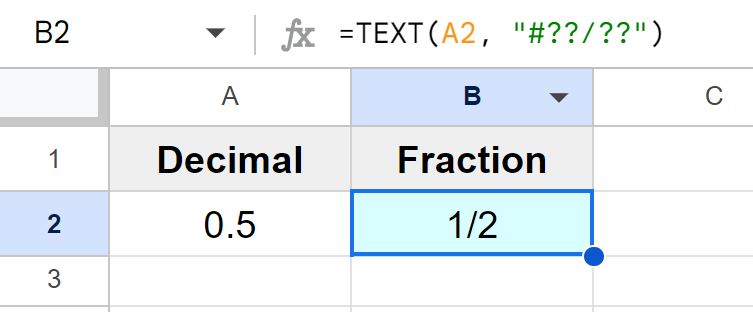 Example of How to convert a decimal to a fraction by using the TEXT function in Google Sheets