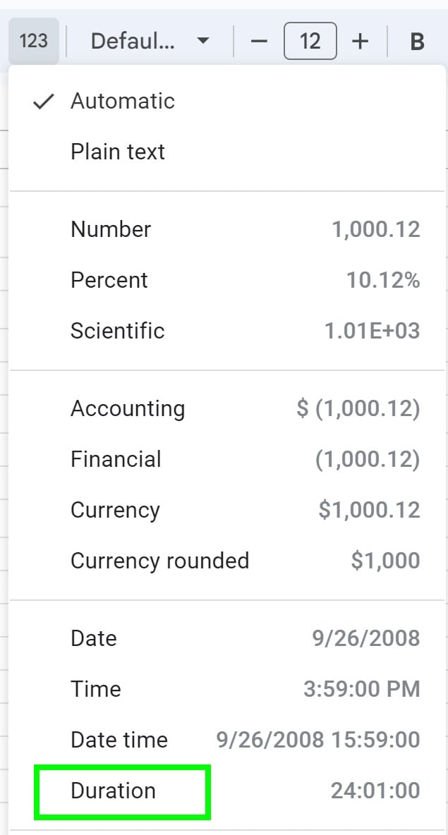 Example of How to convert cells to duration format in Google Sheets