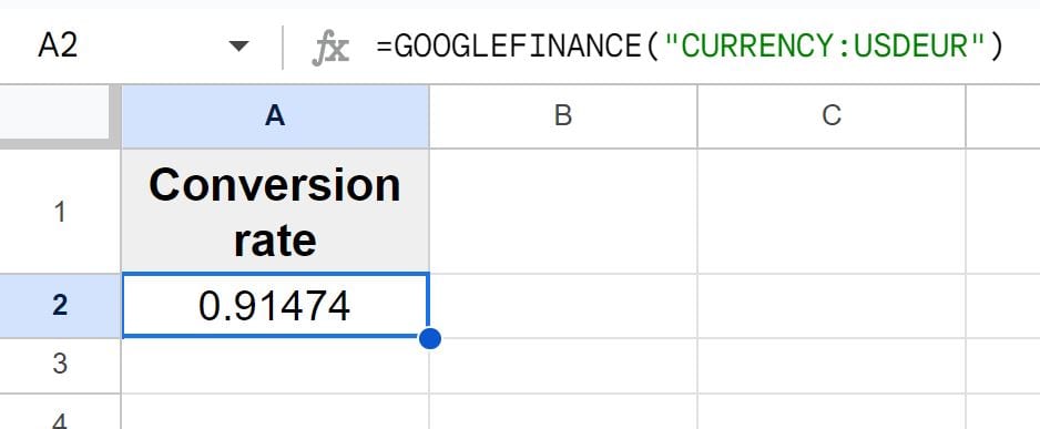 Example of How to convert currency with the GOOGLEFINANCE function in Google Sheets symbols entered directly in formula