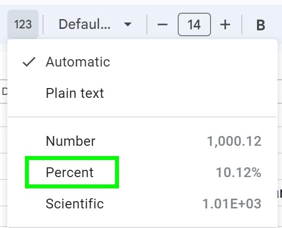 Example of How to convert decimals to percent by changing cell format to percent in the more formats menu in Google Sheets