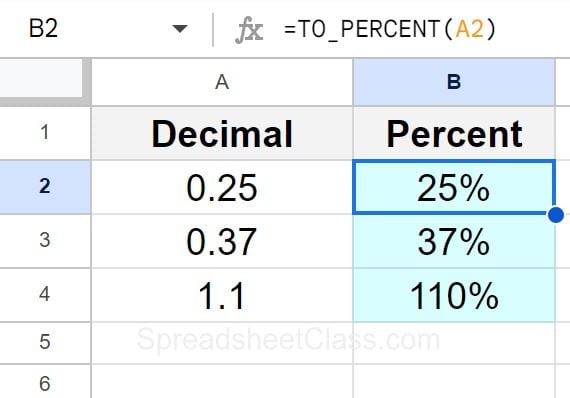 Example of How to convert decimals to percent by using the TO PERCENT function in Google Sheets