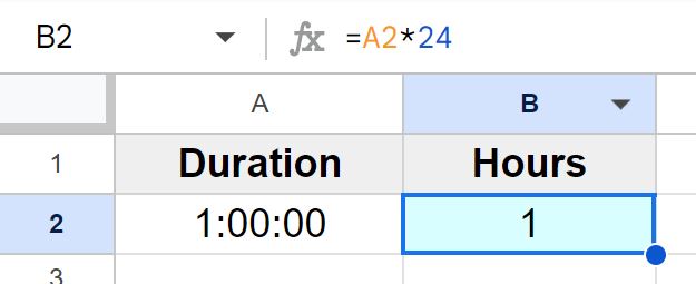 Example of How to convert duration to hours in Google Sheets