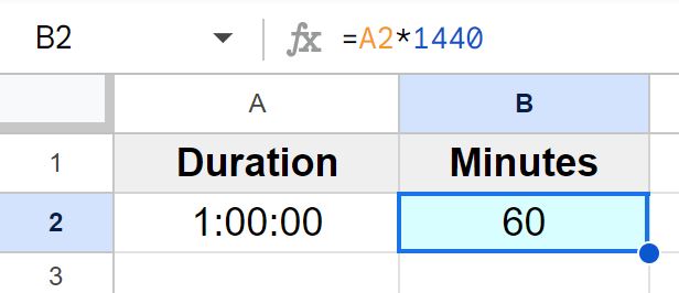 Example of How to convert duration to minutes in Google Sheets