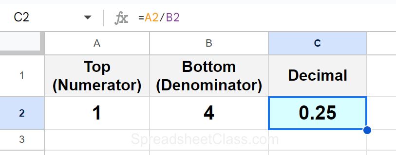 Example of How to convert fractions to decimals by dividing cell references in Google Sheets