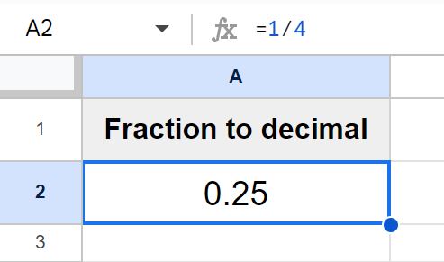 Example of How to convert fractions to decimals by dividing numbers in Google Sheets
