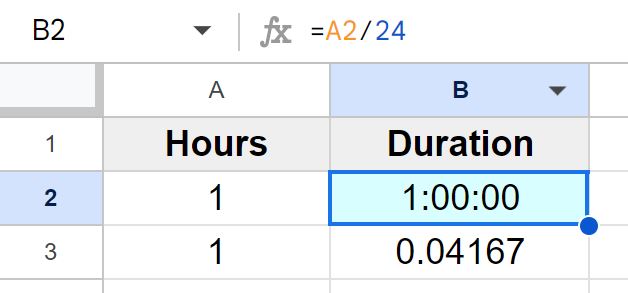 Example of How to convert hours to duration in Google Sheets