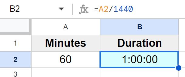 Example of How to convert minutes to duration in Google Sheets