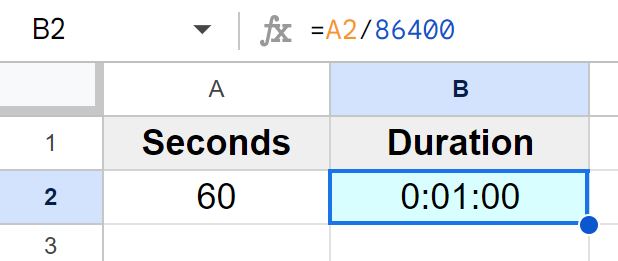 Example of How to convert seconds to duration in Google Sheets