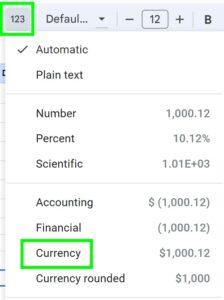 Example of How to convert to currency format by changing cell format with the more formats menu option in Google Sheets