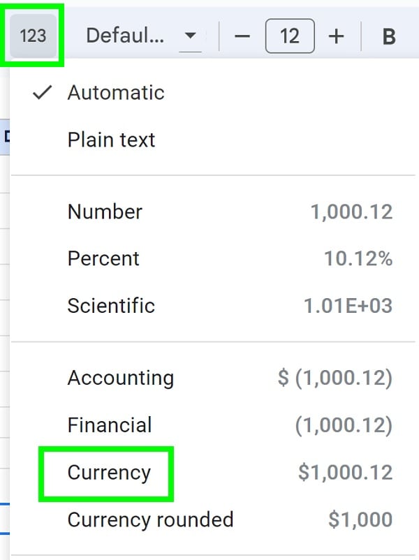 Example of How to convert to currency format by changing cell format with the more formats menu option in Google Sheets