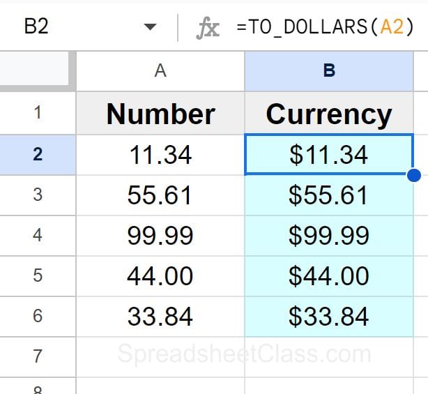 Example of How to convert to currency format with the TO DOLLARS function in Google Sheets