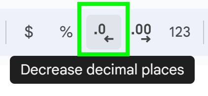 Example of How to decrease decimal places in Google Sheets button on top toolbar