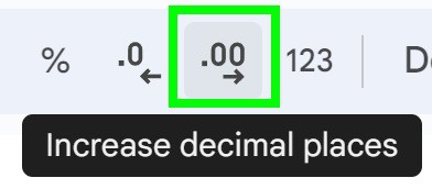 Example of How to increase decimal places in Google Sheets button on top toolbar