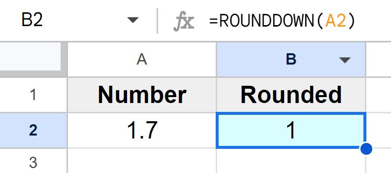 Example of How to round down to the nearest whole number by using the ROUNDDOWN function in Google Sheets
