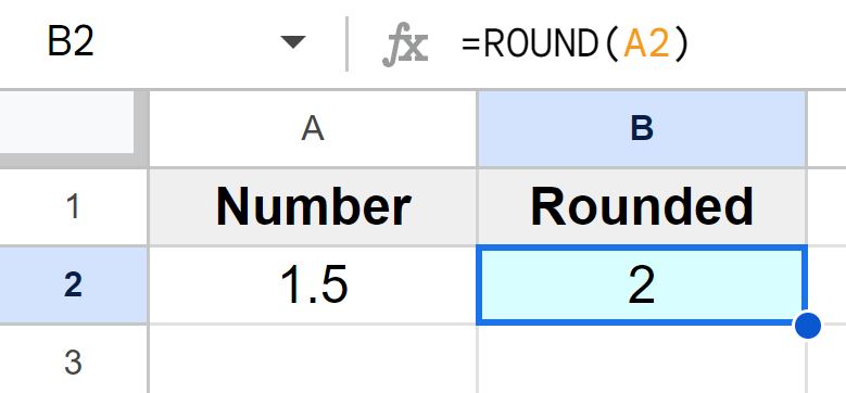 Example of How to round to the nearest whole number in Google Sheets basic ROUND function example