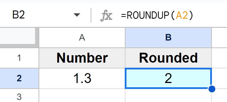 Example of How to round up to the nearest whole number by using the ROUNDUP function in Google Sheets