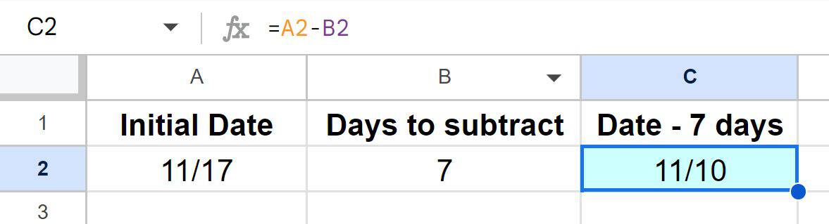 Example of How to subtract days from a date by subtracting cells in Google Sheets