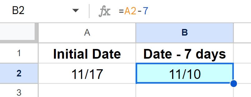 Example of How to subtract days from a date by subtracting numbers in Google Sheets