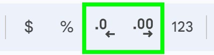 Example of Increase and decrease decimal places for currency in Google Sheets