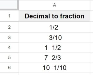 Example After converting decimals to fractions with custom number format in Google Sheets