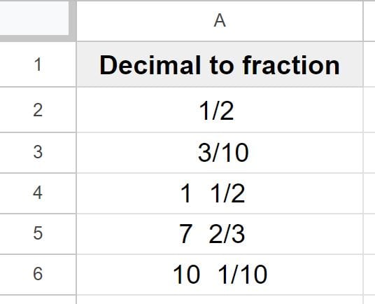 Example After converting decimals to fractions with custom number format in Google Sheets