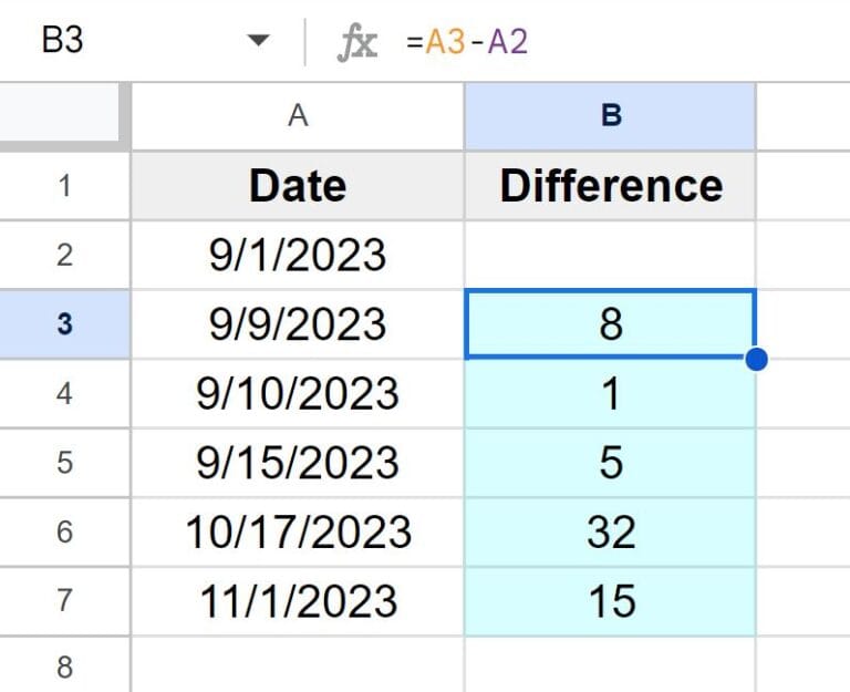 Calculate days between dates (& days elapsed from row to row) in Google