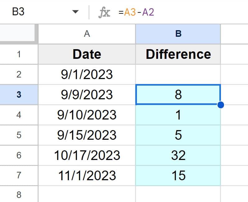 Example of Calculating days between dates from cell to cell or row to row in Google Sheets