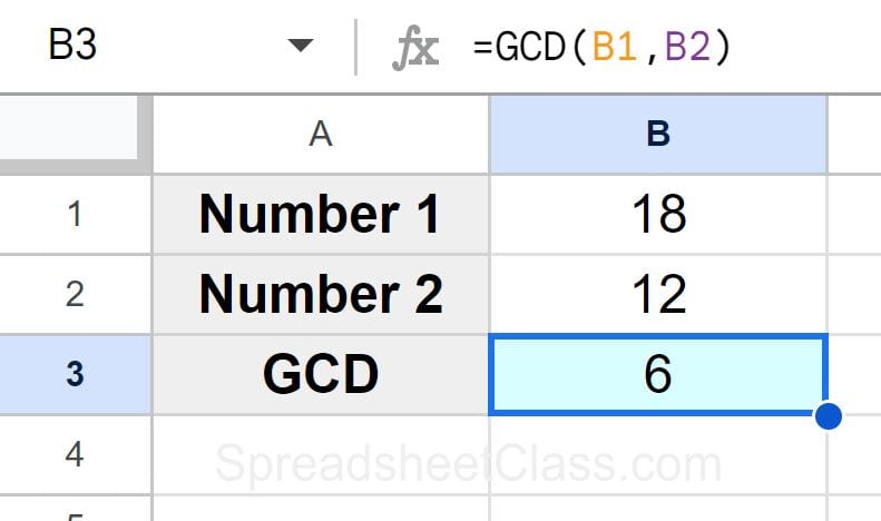 Example of New Finding the greatest common divisor in Google Sheets by using cell references with the GCD function