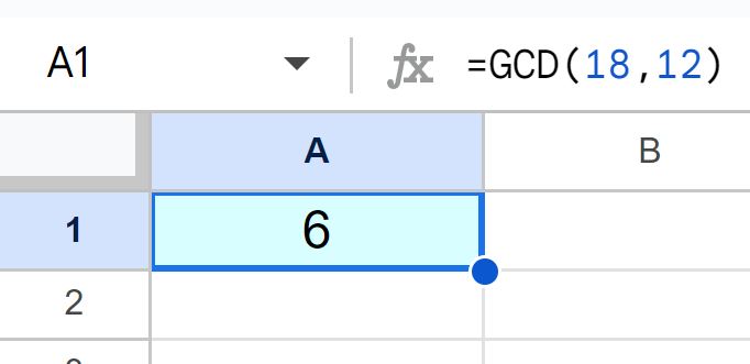 Example of Finding the greatest common divisor in Google Sheets by using the GCD function