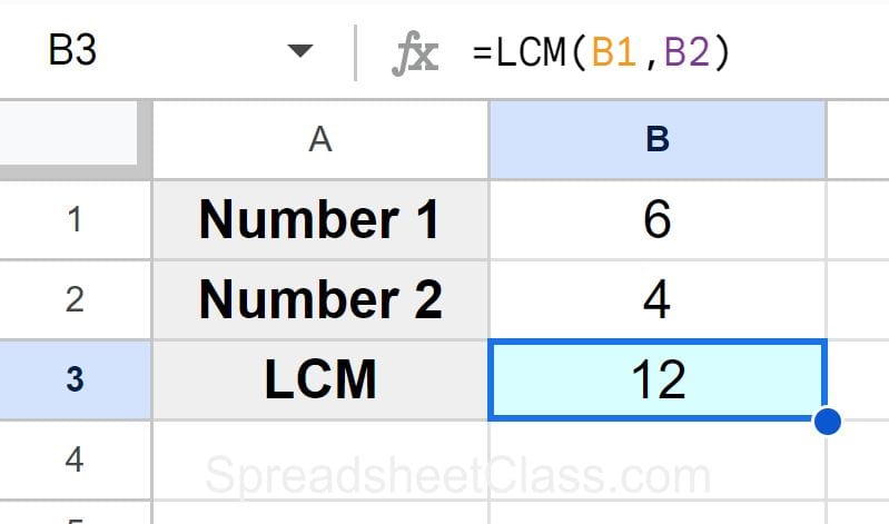 Example of Finding the least common multiple in Google Sheets by using cell references with the LCM function