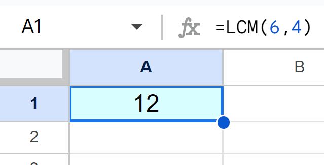 Example of Finding the least common multiple in Google Sheets by using the LCM function