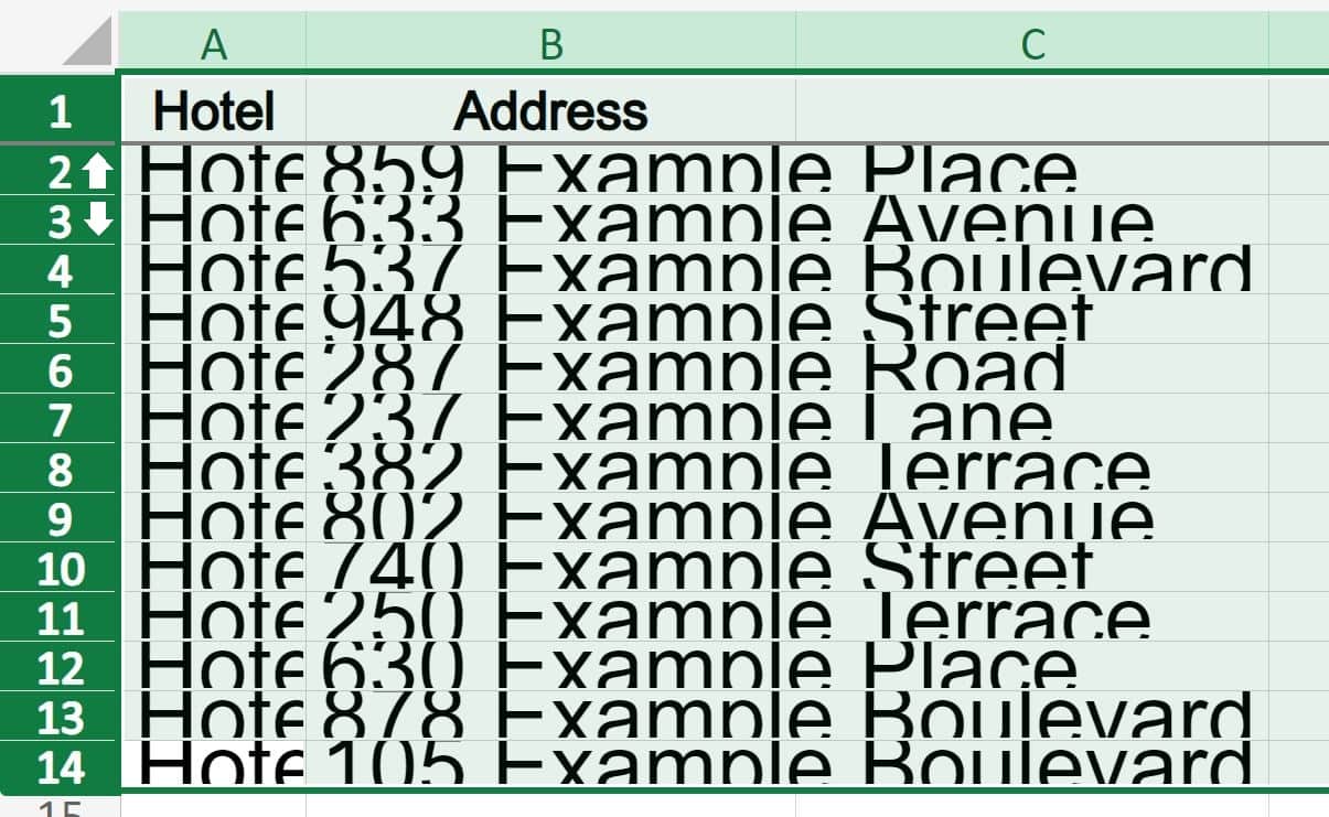 Example of How to Auto Fit row height in Excel to automatically resize rows and make rows fit text height rows selected and cursor hovering