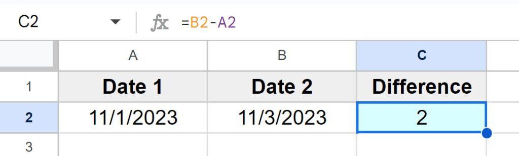 Example of How to calculate days between dates in Google Sheets simple example