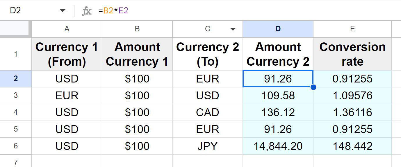 Example of How to convert currency by using the conversion rate and multiplying by the amount of currency in Google Sheets