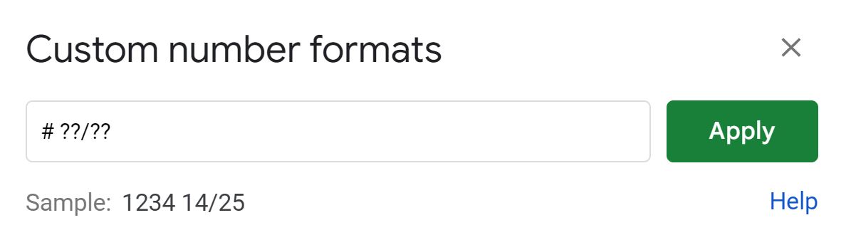 Example of Setting the custom number format to convert decimals to fractions in Google Sheets