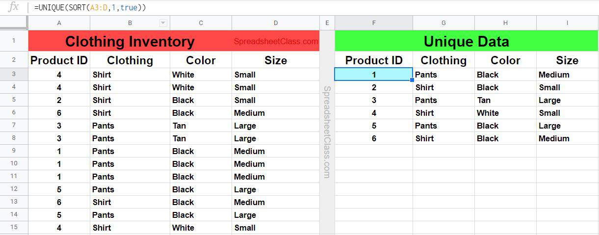 Part 2 of the example on sorting a unique list of clothing items in Google Sheets with the UNIQUE function and the SORT function (Order Switched but functionality remains)