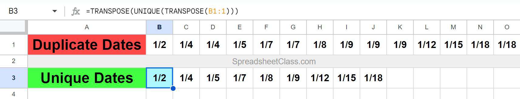 Example of Removing duplicates with UNIQUE horizontally in Google Sheets with TRANSPOSE UNIQUE TRANSPOSE